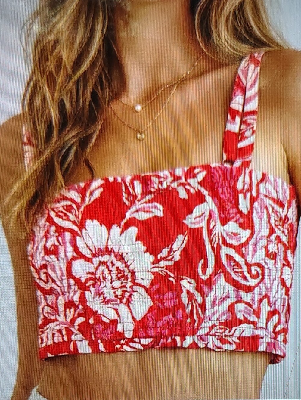 NWOT PAPER HEART Bold Red Hawaiian Floral Print Smocked Crop Top Women's Sz M